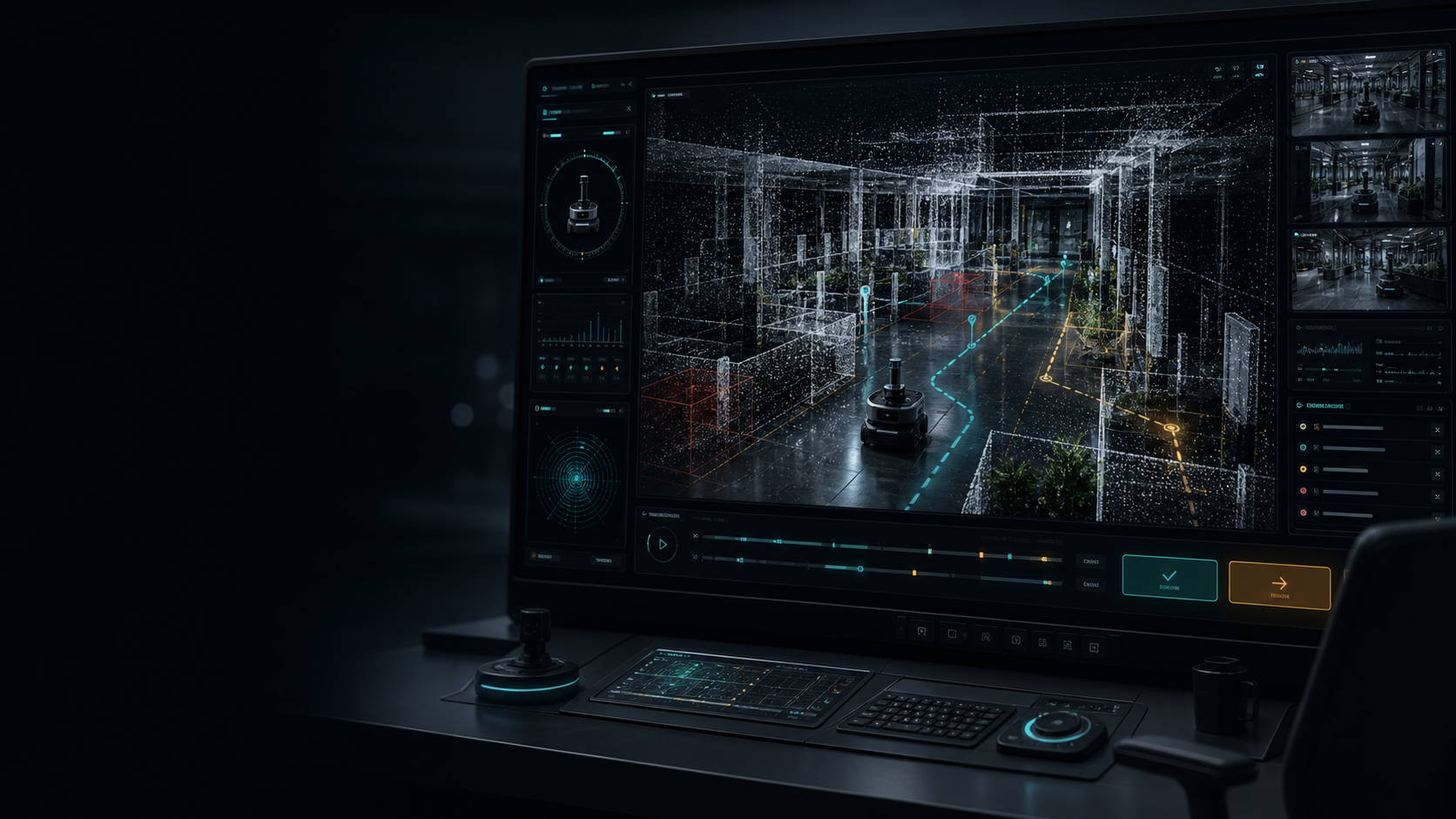 Dark robot-world console preview with spatial overlays and operator context.