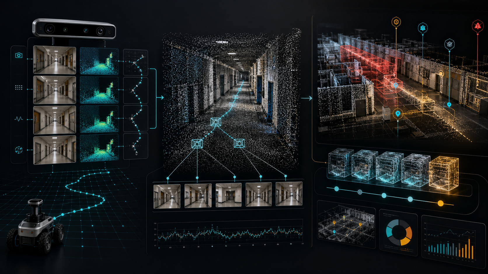 Robot sensor streams becoming a live 3D world model with path and semantic overlays.